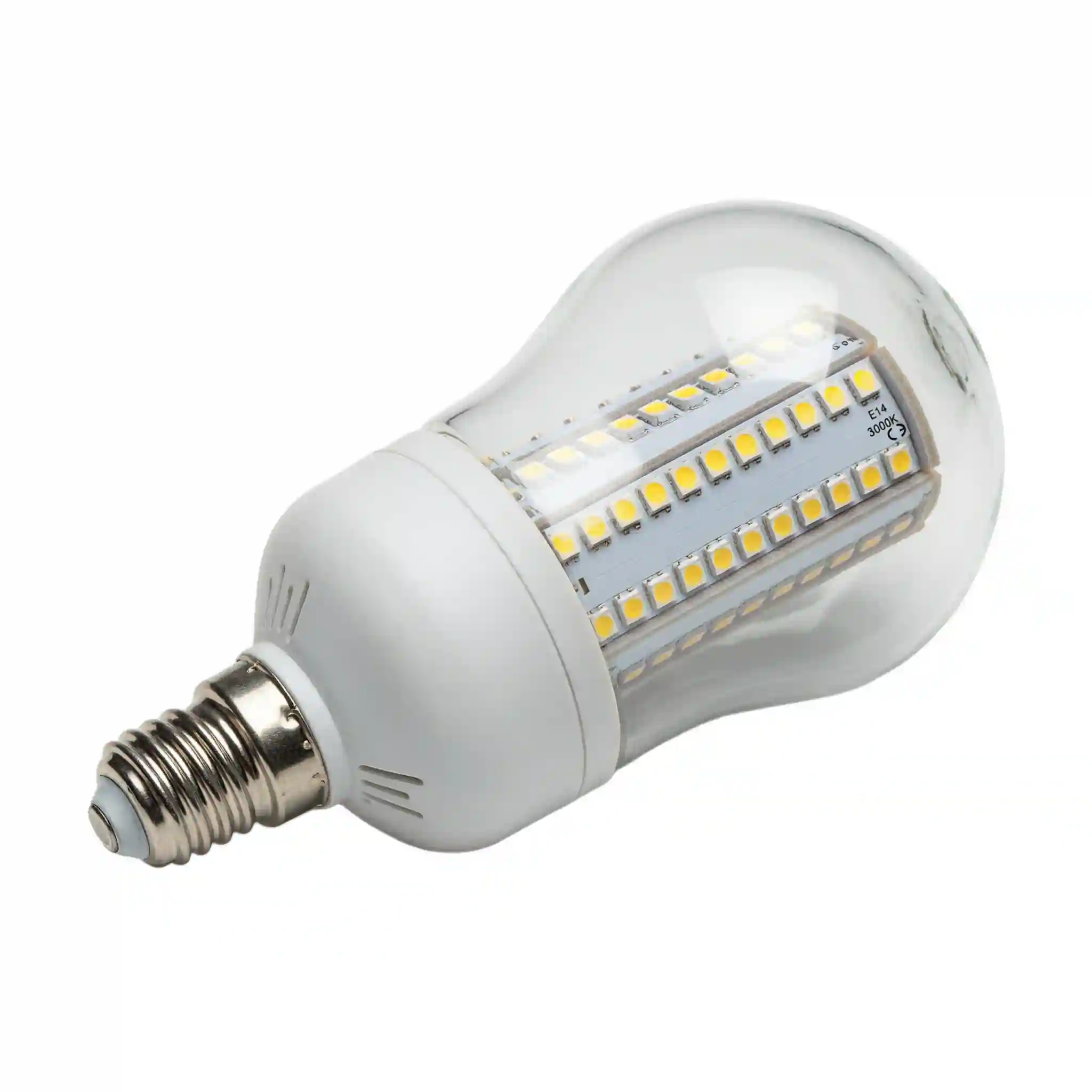 LED žárovka E14 typu kukuřice s viditelnými čipy uvnitř průhledné baňky